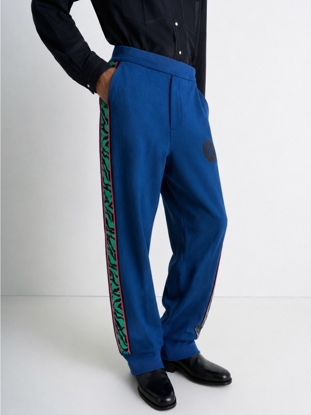 Roberto Cavalli | Men’s Royal Blue Track Pants w Zebra Printed Side Stripe Large